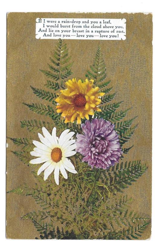 Motto Love Poem Postcard Flowers Daisy Mum Ferns Gold Moire 