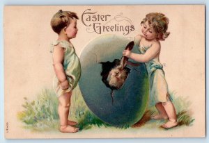 c1910s Easter Greetings Children Rabbit In Hatched Egg Embossed Antique Postcard