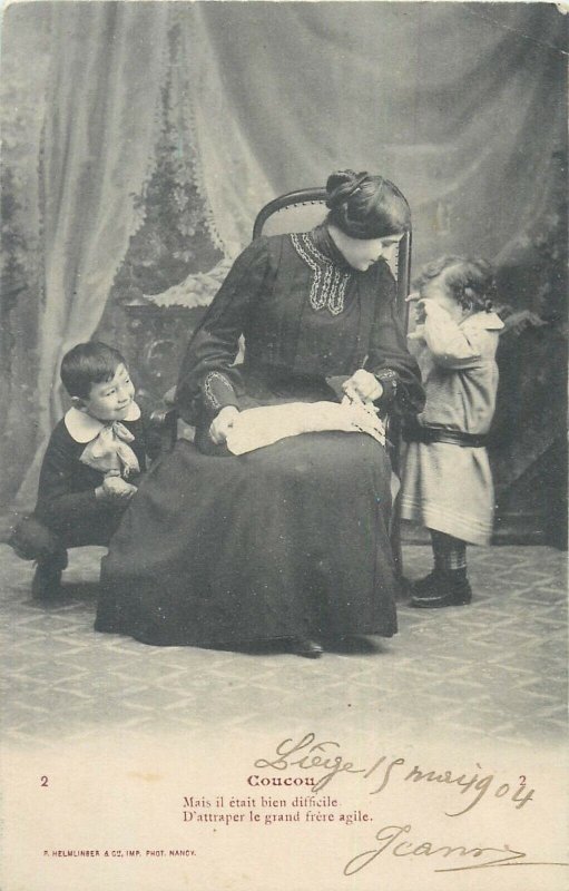 Set 4 antique postcards serie Coucou / Cuckoo children mother & games 1904