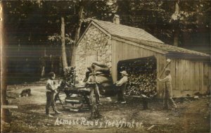 Boys Chopping Wood Readying For Winter Playing Silly c1910 RPPC