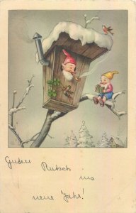 Germany 1942 New Year greetings luck dwarfs pipe & harmonica musical gnome 