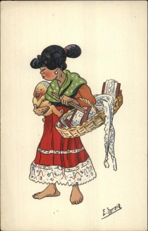 North Africa Natives Comic Art Series E. Herzig Postcard MOTHER & CHILD