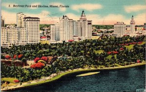 Bayfront Park Skyline Miami Florida Linen Aerial View 1948 Cancel Pm Postcard 