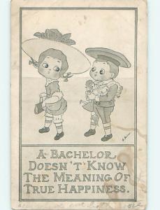 1911 comic signed CUTE GIRL WITH PURSE GETS GUY TO CARRY HER DOLLS o7896