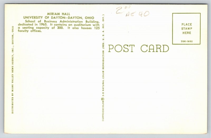 Dayton Ohio~Miriam Hall At University~Vintage Postcard