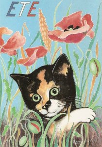 Spring Cat, by Jaqueline Bourdillon Modern French artist drawn postcard