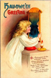 Vintage Clapsaddle Beautiful Girl, Candle, Mirror, Romance Halloween Postcard