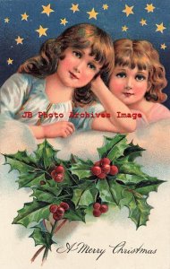 Christmas, PFB No 8060-4, Two Children on Starry Night over Holly & Berries