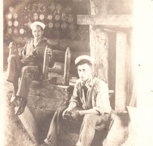 RPPC WWI American Sailors In German Artillery Dugout Real Photo Postcard