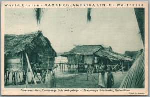ZULU ARCHIPELAGO ZAMBOANGA FISHERMEN HUTS ANTIQUE HAMBURG AMERICA LINES POSTCARD