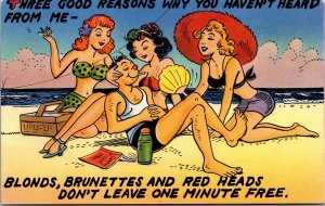 Vtg Comic Blonds Brunettes Red Heads 3 Good Reasons Women Beach Humor Postcard