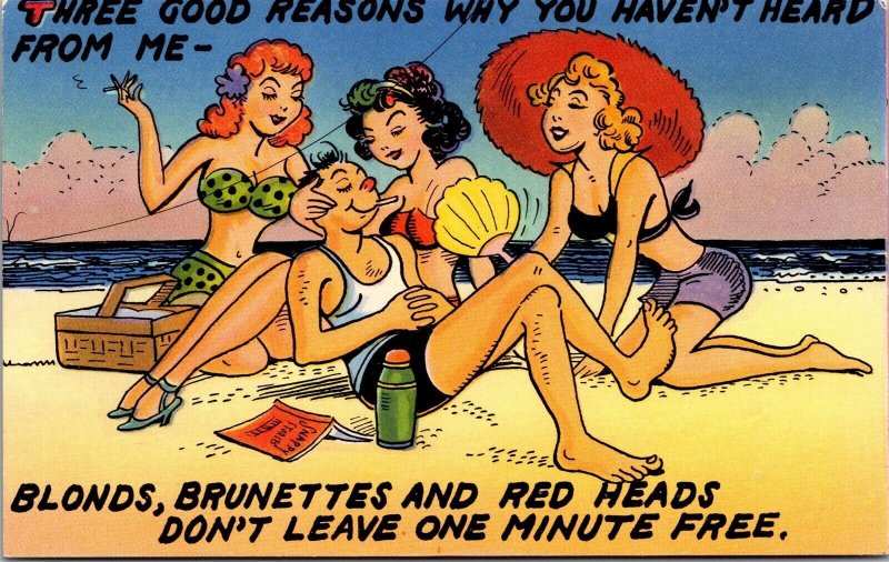 Vtg Comic Blonds Brunettes Red Heads 3 Good Reasons Women Beach Humor Postcard