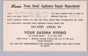 Small Appliance Repair, Sarnia Hydro, Ontario, 1966 Postcard, Slogan Cancel