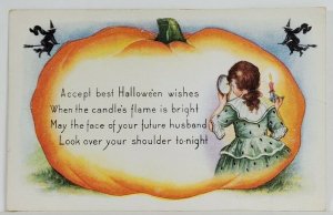 Halloween Wishes Girl Mirror Candle Flying Witch Die Cut Pumpkin Postcard S11