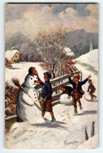 Christmas Postcard Snowman Children Playing Country Snowy Road HK & Co Germany