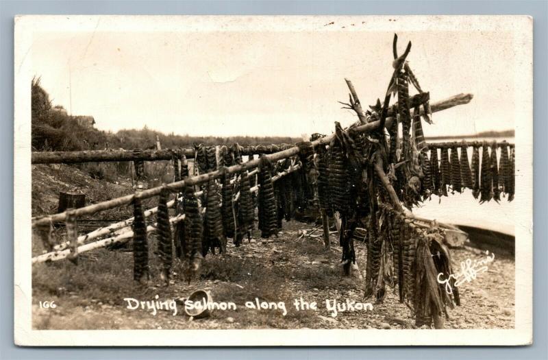 YUKON CANADA DRYING SALMON 1952 VINTAGE REAL PHOTO POSTCARD RPPC w/ CORK CANCEL