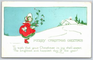 Artist Signed E Weaver~Christmas~Girl In Red Coat w/Holly~Art Deco~Vintage PC