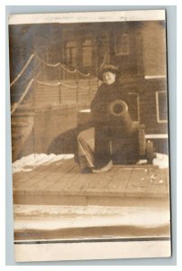 Vintage 1914 RPPC Postcard Woman Sitting on Canon Date & Last Name on Back