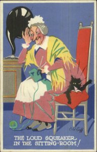 Old Woman Sits on Cat - Phonograph Speaker Knitting Needles Art Deco G19