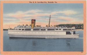 Old S.S. DEL-MAR-VA SHIP Boat Norfolk Virginia VA Postcard Linen