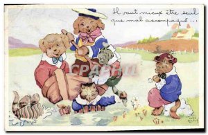 Old Postcard Fantasy Illustrator Dog Cat