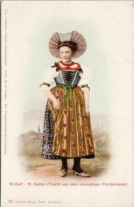 St Gall St. Gallen Woman in Traditional Dress Switzerland Burgy Postcard G70