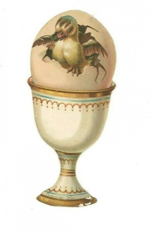 1880s Victorian Die-Cut Egg in Cup Chick Hatching Out Fab! P206