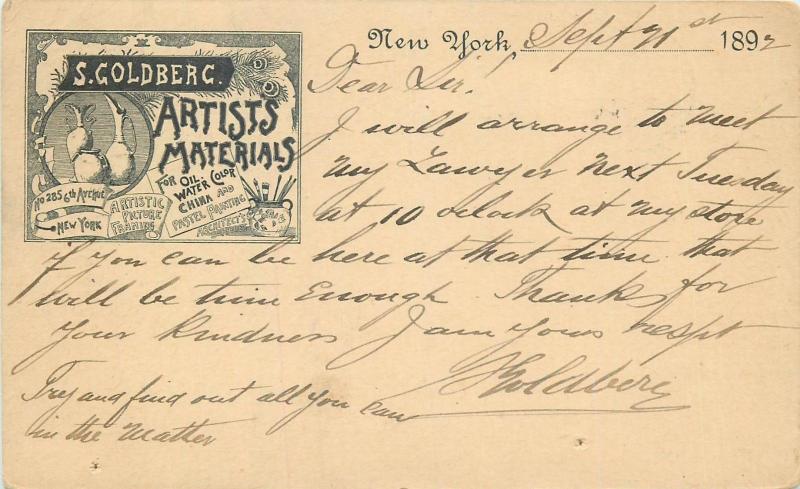 Store Advert Artists` Materials Jewish Merchant S. Goldberg New York City 1892