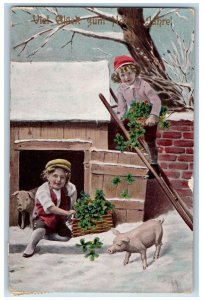 Children With Shamrocks Postcard Winter Pigs c1910's Posted Antique