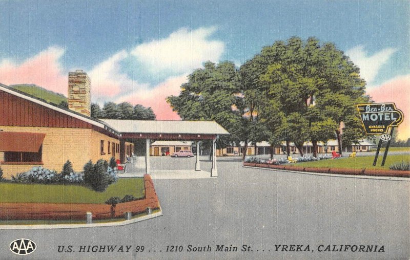 BEN-BER MOTEL Highway 99 Roadside YREKA, CA c1940s Vintage Linen Postcard