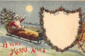 Red Suited Santa Claus on Sled Christmas  H-T-L Look Thru Postcard