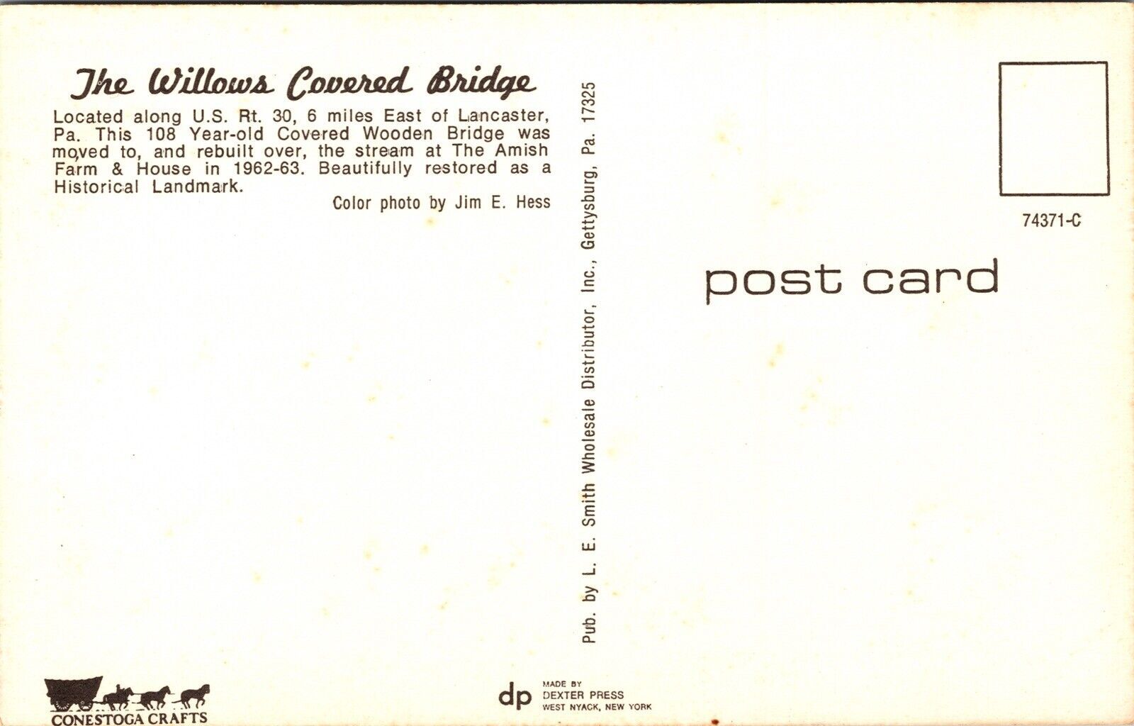 Historic Willows Covered Bridge Lancaster Pennsylvania Chrome Postcard