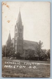 Parkston South Dakota SD Postcard RPPC Photo Catholic Church Clock Tower 1925