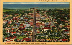 Vtg Looking Down State Street Aerial View Santa Barbara California CA Postcard