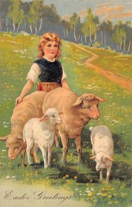 Easter Greetings Shephard Girl With Sheep, Embossed, Vintage Postcard U8930