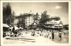 Waikiki Beach Honolulu HI Bathers Hotel Umbrellas Real Photo Postcard