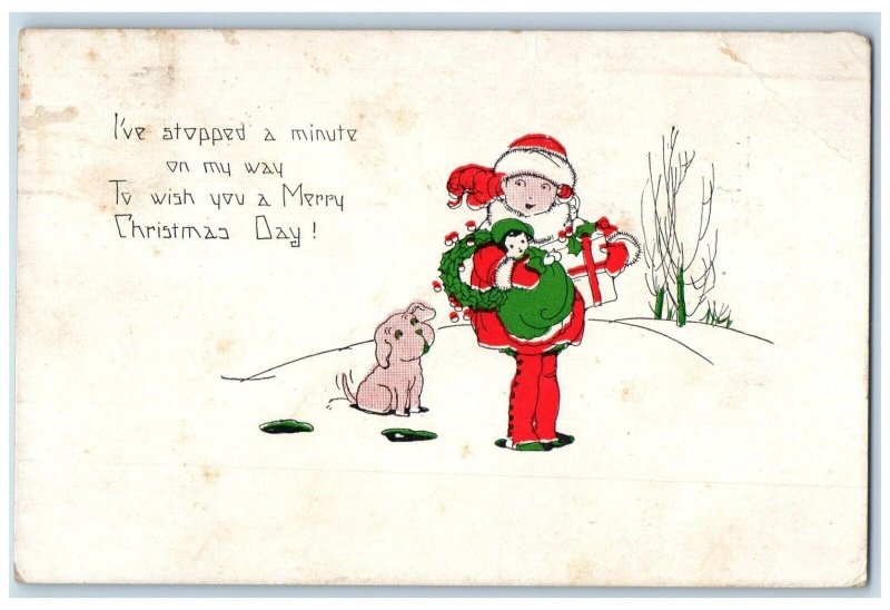 1928 Christmas Santa Girl Present Gift Present Dog Byhalia MS Vintage Postcard