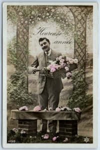 c1900s French Man Delivers Roses RPPC Happy New Year Hand Colored Photo PC A149