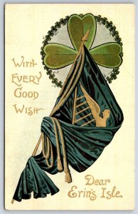 St Patrick's Day~Dear Erin's Isle~Wrapped Lady Harp Flag On Clover~Gold~1908