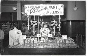 Rare Vintage RPPC Personal Name Emblems Sales Girl & Booth LL Cook Photo 1940s