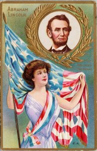 Abraham Lincoln Martyred President USA Patriotic Woman Flag America Postcard G50