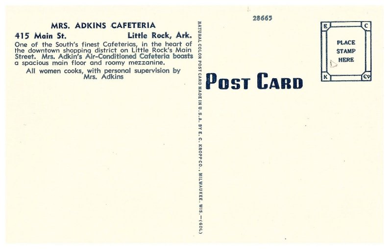 Mrs. Adkins Caferia 415 Main Street Little Rock Arkansas AK Postcard