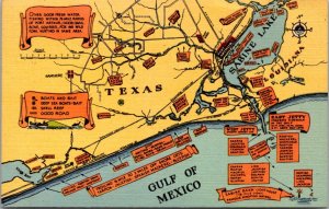 Linen Postcard Map Showing Texas, Gulf of Mexico, Sabine Lake, Louisiana