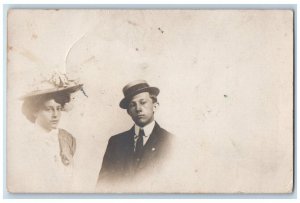c1910 Happy Couple Man Woman Hat Luna Park Coney Island NY RPPC Photo Postcard