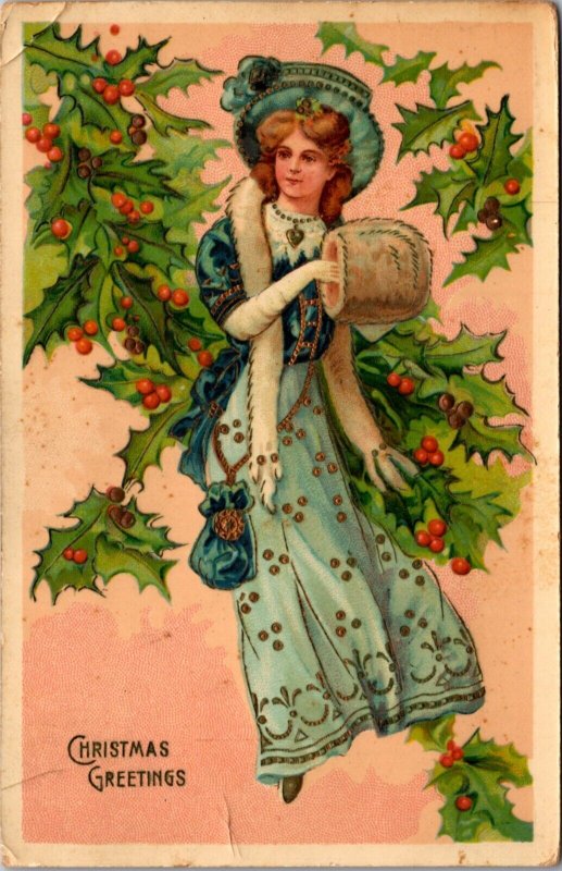 Gel Christmas Postcard Well Dressed Woman in Blue Surrounded by Holly