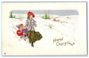 c1910's Christmas Girl Pulling Children Sled Winter Embossed Antique Postcard