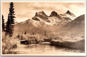 Three Sisters Banff Canada Lake Mountain Range Real Photo RPPC Postcard