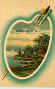 Embossed Postcard Happiness be Yours Artist Palette Vignette Landscape Ser. 270