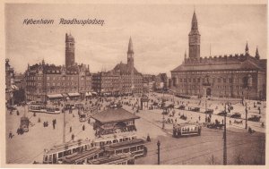 Kobenhavn Radhuspladsen Buses Trams In Rush Hour Denmark Antique Postcard