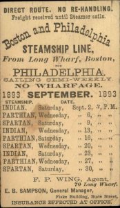 Boston & Philadelphia Steamship Line 1893 Ships Sailing Schedule POSTAL CARD